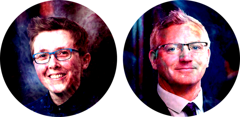 Headshots of the judges with a space overlay blended on top