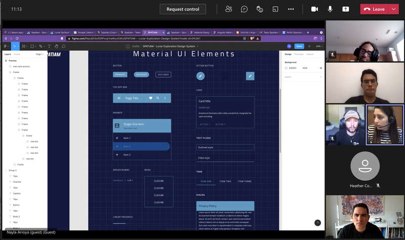 Saturday October 2, 2021 - 21:00:00 UTC Stand-up meeting. Making progress in all fronts. Discovering good things on persona types, completed Material UI elements, completed basic front-end structure, have basic APIs completed, setup HW with good progress, and good progress in documentation. It is getting late in Europe, so we planned for our first member to go offline.