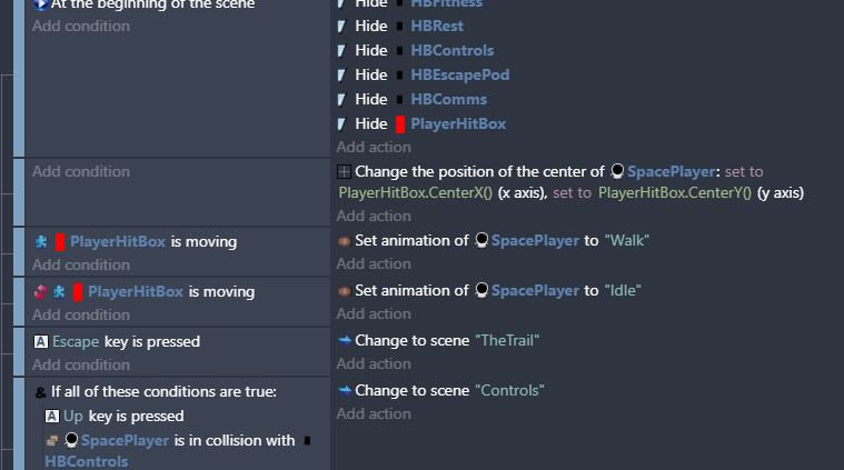 Some of the events coding in GDevelop that makes our game function