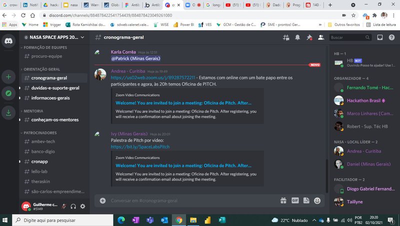 discord discussão dos grupos e participantes on line.