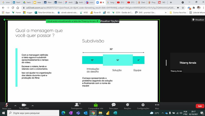 reunião no zoom de como organizar um pitch de 30 segundos para a entregas do hackaton
